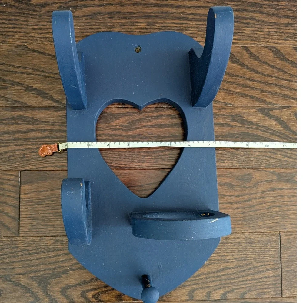 Vintage Wood Heart Shaped Wall Mounted Hair Dryer Holder Blue Cottagecore